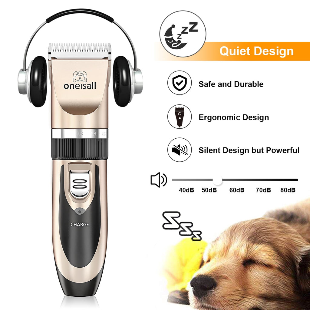 Oneisall P2 Low Noise Dog Grooming Kit, Rechargeable Cordless Dog Clippers for Grooming, Dog Grooming Clippers with 6 Guard Combs & 1 Steel Comb, Shaver Hair Clippers Set for Dogs Cats Pets - Gold