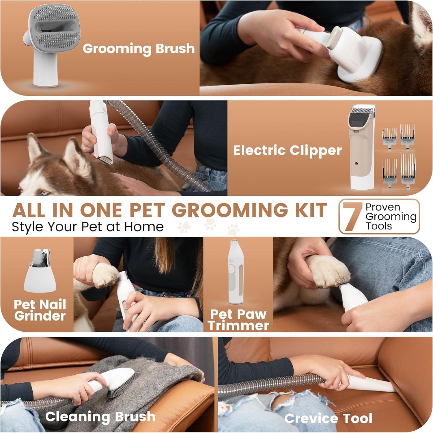 Dog Grooming Vacuum, Pet Grooming Kit, Dog Clipper Nail Trimmer Grinder, 2.5L Dust Cup 7 Grooming Tools 11000Pa Dog Vacuum for Shedding Grooming, Pet Grooming Vacuum for Dogs, Home Cleaning, PG50 Plu