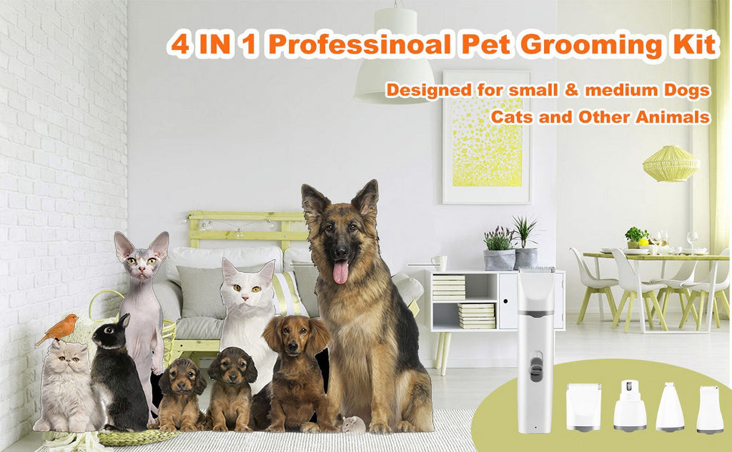 Dogs Hair Clippers Grooming Kit with Nail Grinder, 4-in-1 Electric pet Clippers for Dogs, Low Noise USB Rechargeable Cordless for Dogs Cat, Grooming Paws, Eyes, Ears, Face, Matted Hair, White