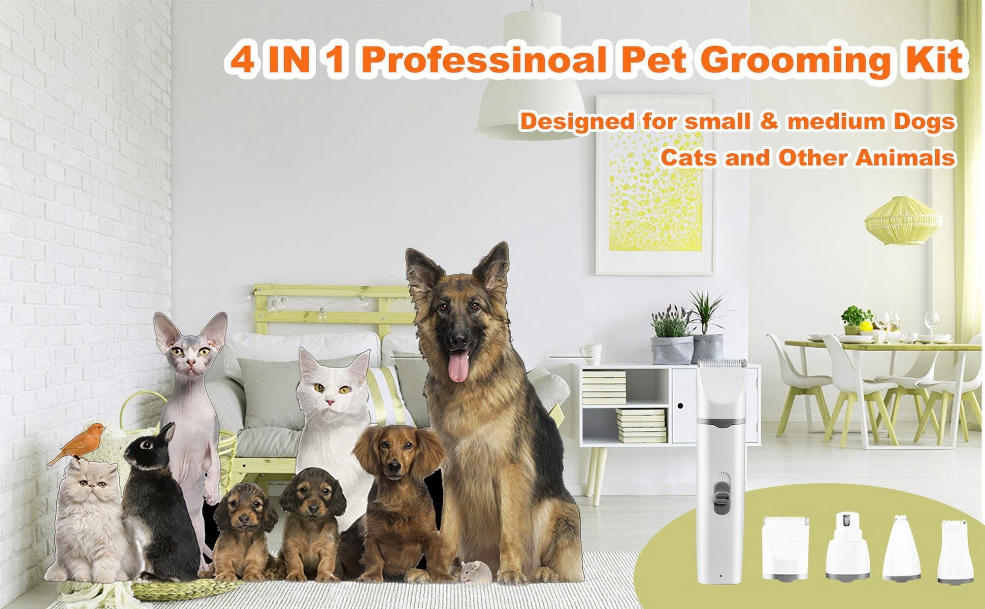 Dogs Hair Clippers Grooming Kit with Nail Grinder, 4-in-1 Electric pet Clippers for Dogs, Low Noise USB Rechargeable Cordless for Dogs Cat, Grooming Paws, Eyes, Ears, Face, Matted Hair, White