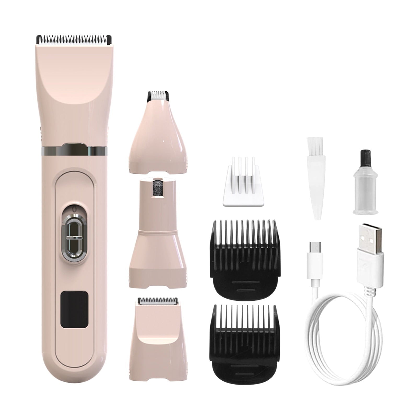 Dog Grooming Clipper Kit 4 in 1 – Low Noise Pet Shaver with Nail Grinder, USB Rechargeable, Washable Blades for Dogs and Cats