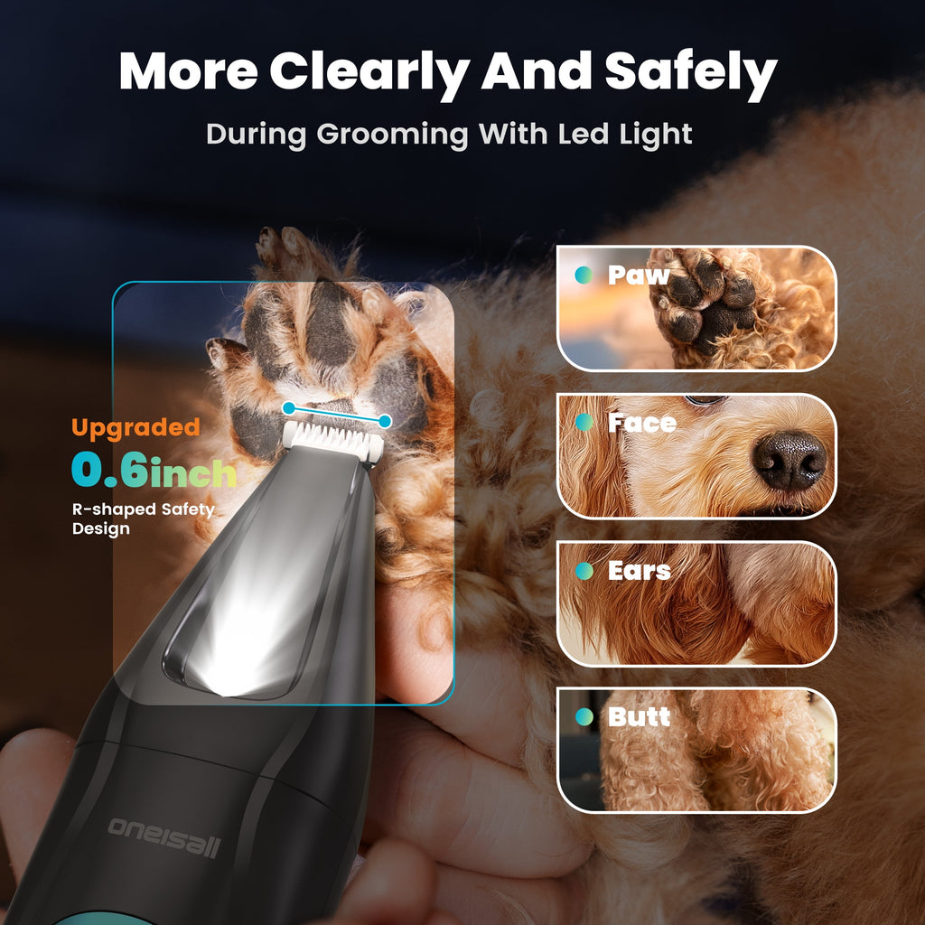 Oneisall 4-in-1 Cordless Dog Grooming Kit with LED Light, FC10 Dog Clippers & Dog Paw Trimmer & Dog Nail Grinder & Dog Grooming Clippers, Blue Grey