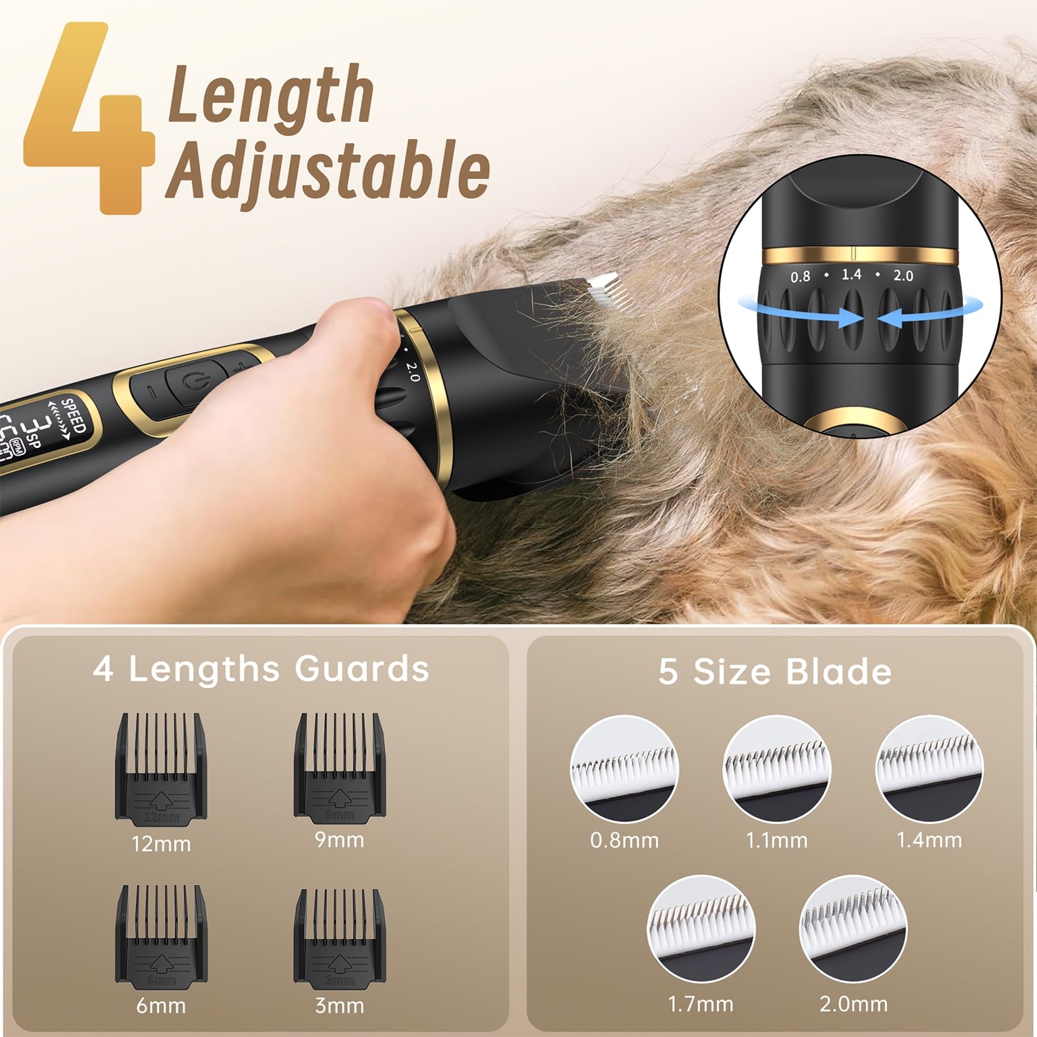 Cshidworld Dog Clippers Grooming Kit, Rechargeable Cordless Pet Hair Clipper Trimmer Shaver, 3-Speed Low Noise Pets Tools with LCD Display, Scissor, 6 Comb Guides for Thick Coats Dogs Cats Animals