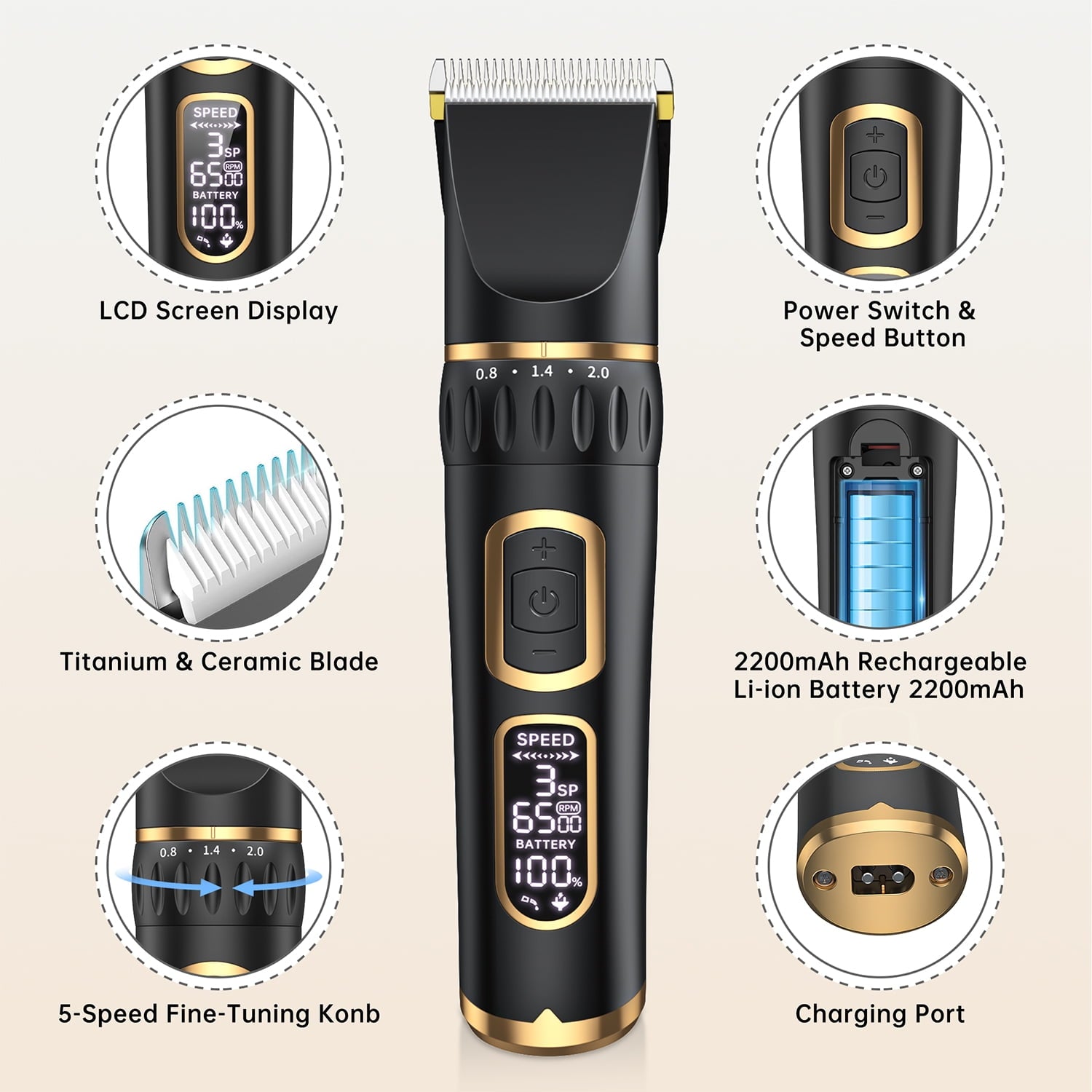 Cshidworld Dog Clippers Grooming Kit, Rechargeable Cordless Pet Hair Clipper Trimmer Shaver, 3-Speed Low Noise Pets Tools with LCD Display, Scissor, 6 Comb Guides for Thick Coats Dogs Cats Animals