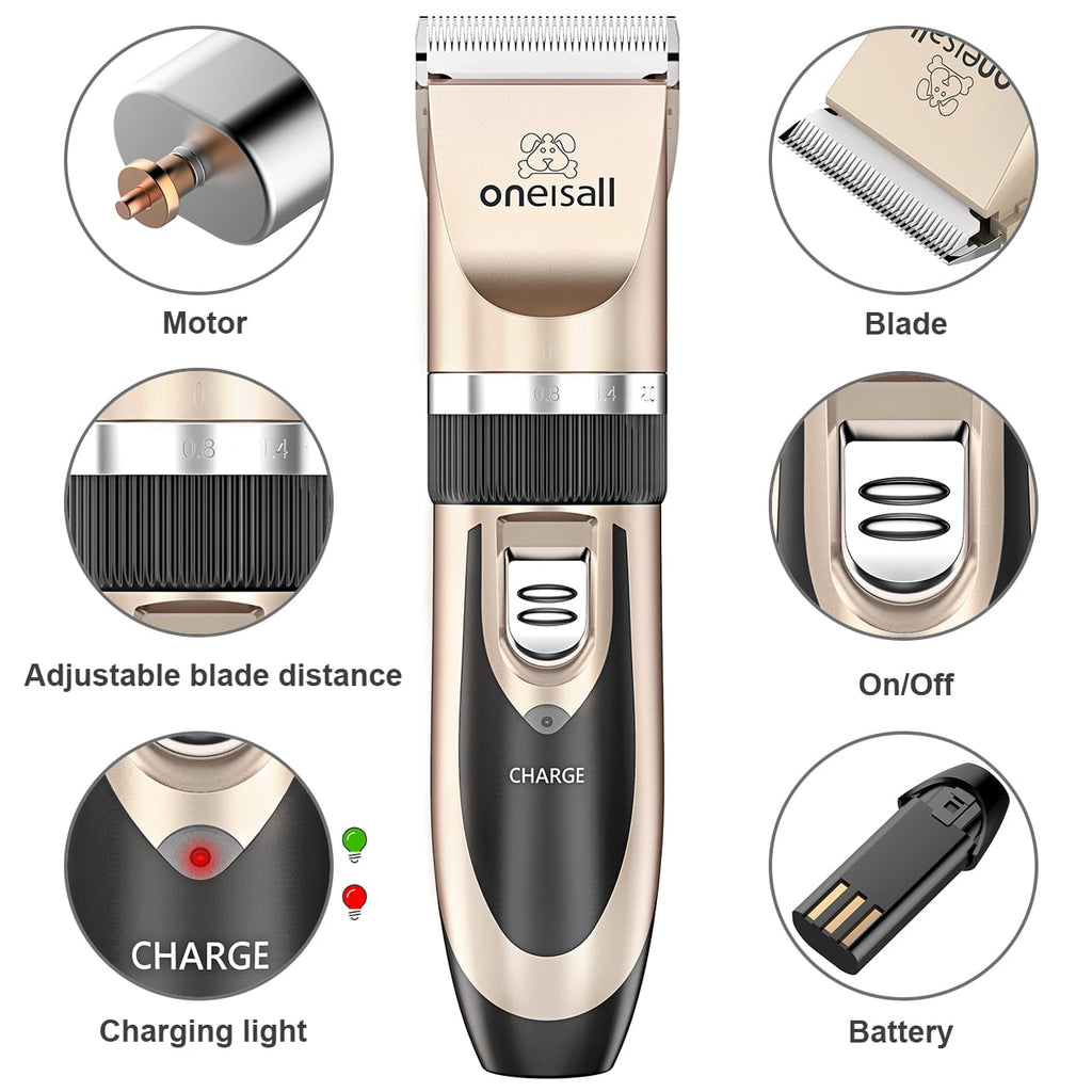 Oneisall P2 Low Noise Dog Grooming Kit, Rechargeable Cordless Dog Clippers for Grooming, Dog Grooming Clippers with 6 Guard Combs & 1 Steel Comb, Shaver Hair Clippers Set for Dogs Cats Pets - Gold