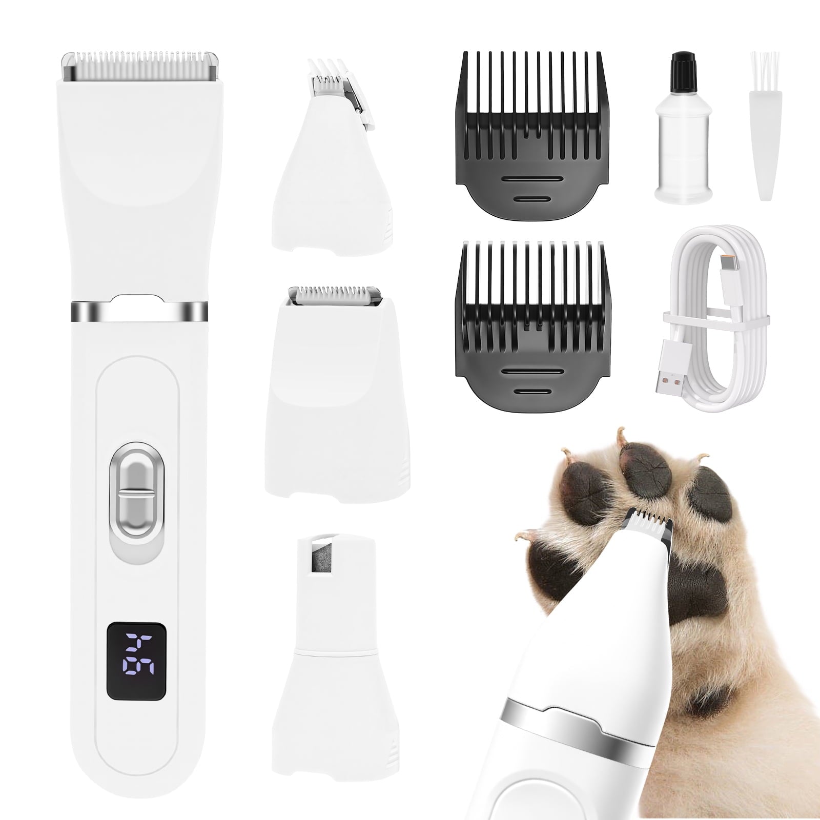 4 in 1 Portable&nbsp;Dog Grooming Kit 3 Speed Dog Hair Trimmer Nail Grinder with Durable LED Display USB Charging Waterproof Pet Grooming Supplies ABS White